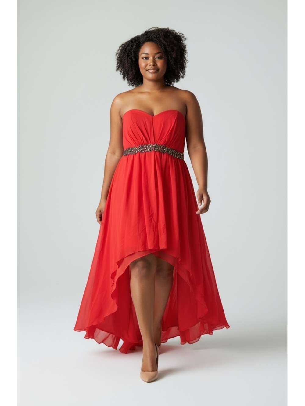 Red Straple or Strapless High-Low Evening Dress with Beaded Waist Detail